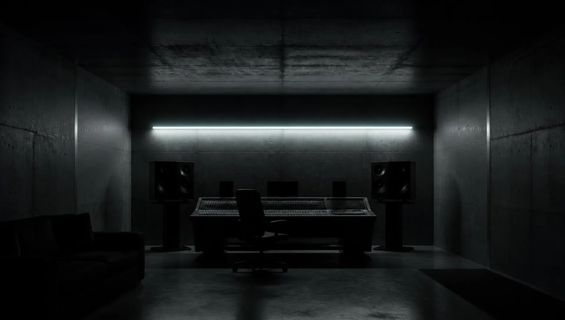 The Flux District transmission room in raw concrete, lit by one cold light